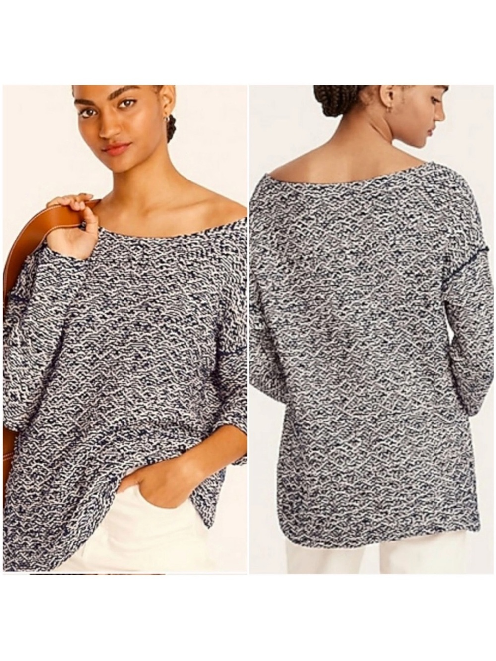 J. Crew Navy & White Marled Off-the-Shoulder Sweater